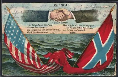 AK Handreiche zwischen Norwegen und den USA über den Atlantik, die Nationalflaggen