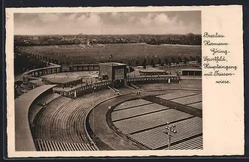 AK Breslau, Hermann Göring-Sportfeld, Haupteingang mit Friesenwiese