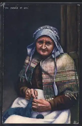 AK Alte Frau mit Haube und Strickzeug