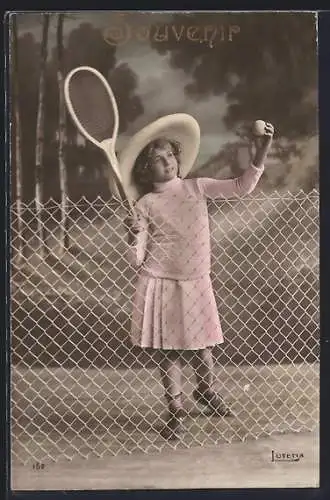 AK Junges Mädchen mit Tennisschläger und -ball