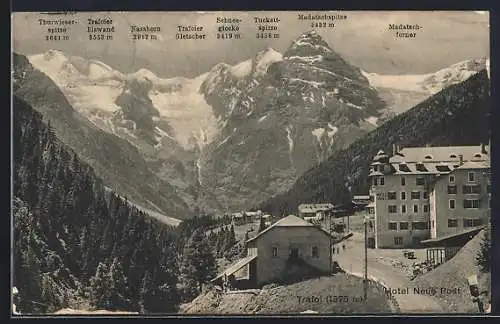 AK Trafoi, Hotel Neue Post mit Nasshorn, Madatschferner und Schneeglocke