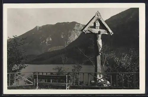 AK Lunzersee, Ortspartie mit Scheiblingstein und Flurkreuz