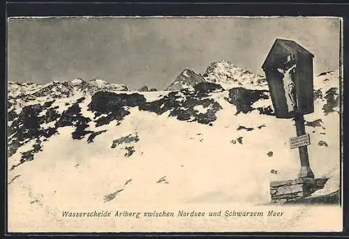 AK Arlberg, Wasserscheide zwischen Nordsee u. Schwarzem Meer mit Flurkreuz