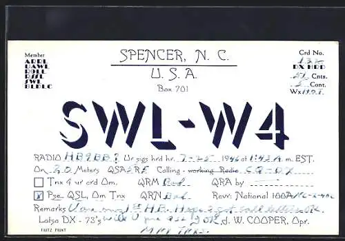 AK Spencer, N. C., Radio HB9BB?, Station SWL-W4