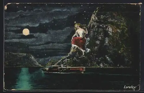 AK Loreley auf dem Felsen bei Vollmond, Schiff