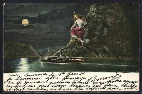 AK Loreley mit Harfe auf dem Felsen, Vollmond, Schiff