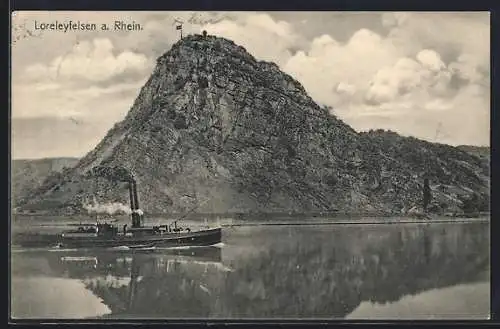 AK Loreleyfelsen am Rhein, Ortsansicht mit Dampfer