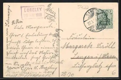 AK Loreleyfelsen am Rhein, Ortsansicht mit Dampfer