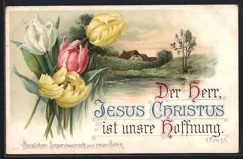 AK Bauernhaus & Blumen, Sinnspruch: Der Herr Jesus Christus ist unsere Hoffnung