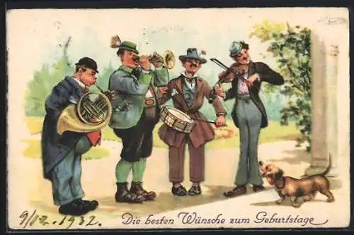 AK Quartett mit Horn und Trompete gibt einem Dackel ein Ständchen, Geburtstagsgruss