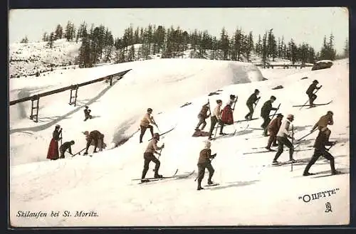 AK St. Moritz, Skiläufer beim Aufstieg