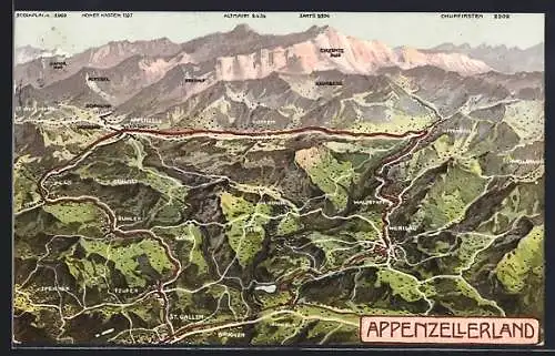 Künstler-AK St. Gallen /Appenzell, Panorama mit Waldstatt, Herisau und Churfirsten