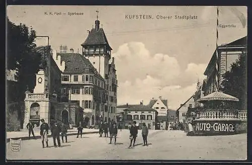 AK Kufstein, Oberer Stadtplatz mit Eggerbräu, K. K. Post und Sparkasse