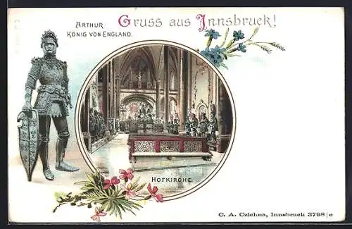 Lithographie Innsbruck, Hofkirche, Innenansicht, Arthur König von England