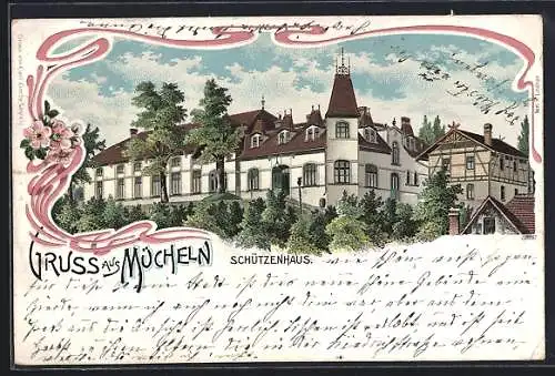 Lithographie Mücheln / Halle, Blick auf das Schützenhaus