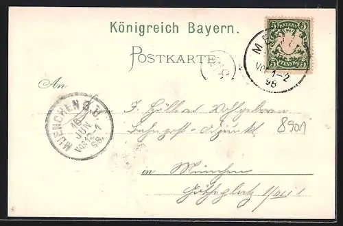 Lithographie Mering, Schlossenwirt, Schulhaus, Bahnhof