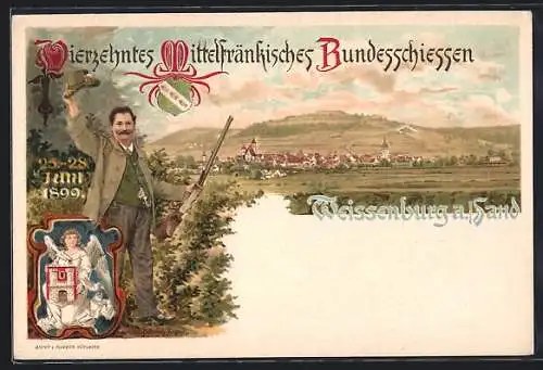 Lithographie Weissenburg / Bayern, 14. Mittefränkisches Bundesschiessen 1899, Schütze und Ortspanorama