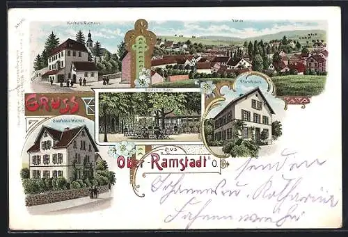 Lithographie Ober-Ramstadt i. O., Gasthaus Wiener m. Garten u. Halle, Pfarrhaus, Totalansicht