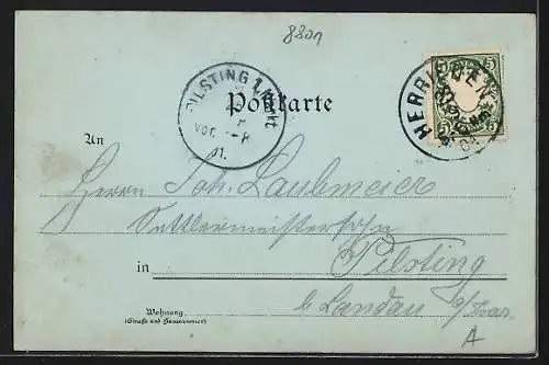 Mondschein-Lithographie Herrieden, Strassenpartie mit Tor, Gasthaus z. Hirschen, Marktplatz, Ortsansicht