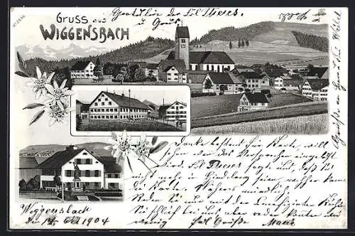 Lithographie Wiggensbach, Ortspartie mit Denkmal, Gesamtansicht mit Gipfelpanorama