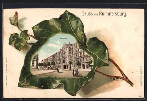 Passepartout-Lithographie Berlin-Rummelsburg, Rathaus mit Strasse im Efeublatt