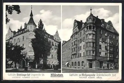 AK München-Schwabing, Gaststätte Vilsbiburger Hof, Ungererstr. 56, Gaststätte Wolfgangseiche A. Völkl, Rosenheimerstr.