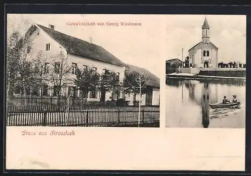 AK Strasslach, Gasthaus Georg Wiedmann, Kirche mit Bootspartie