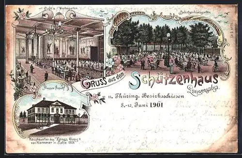 Lithographie Langensalza, Gaststätte Schützenhaus, mit Cafe u. Wintergarten, Thüring. Bezirksschiessen 1901