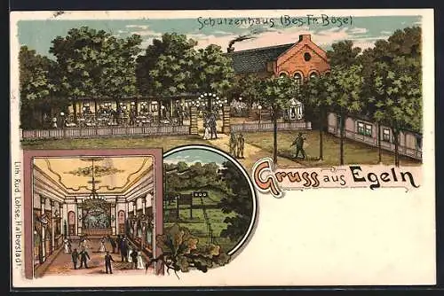 Lithographie Egeln, Gaststätte Schützenhaus F. Böse mit Garten, Saal und Schiessplatz