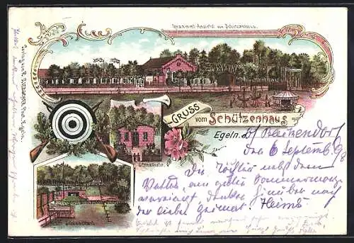 Lithographie Egeln, Gaststätte Schützenhaus mit Kinderspielplatz, Schiesstand und Schiesshalle