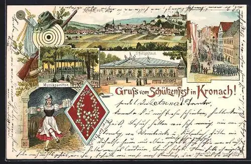 Lithographie Kronach / Bayern, Schützenfest, Schützenhaus, Strassenparade, Musikpavillon, tanzende Serviererin