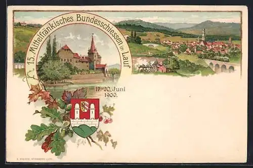 Lithographie Lauf / Pegnitz, 15. Mittelfr. Bundesschiessen 1900, Gesamtansicht