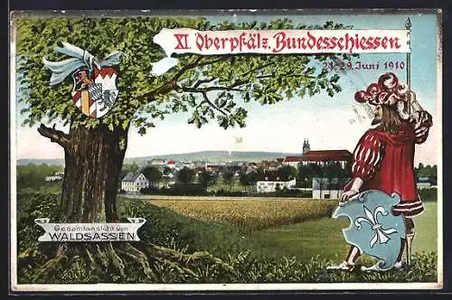 AK Waldsassen, XI. Oberpfälz Bundesschiessen, Historischer Schütze mit Wappenschild vor Gesamtansicht, Eiche mit Wappen