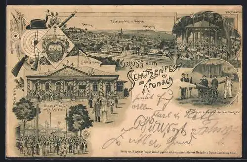 Lithographie Kronach / Bayern, Schützenfest, Schützenhaus, Festplatz