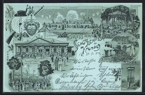 Mondschein-Lithographie Kronach, Schützenfest, Festung illuminiert, Festplatz, Schützenhaus, Schützen mit Kanone