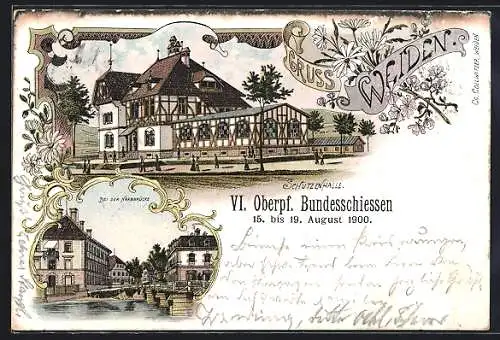 Lithographie Weiden / Oberpfalz, VI. Oberpf. Bundesschiessen 1900, Schützenhalle, Naabbrücke