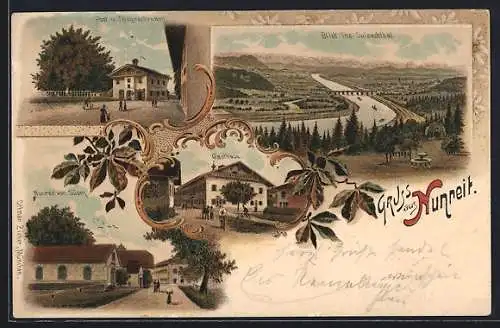 Lithographie Nunreit, Gasthaus, Post- und Telegraphenamt, Ortsansicht