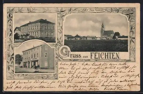 AK Feichten, Waarenhaus Lorenz Diener, Schule, Totalansicht, Blätterranke