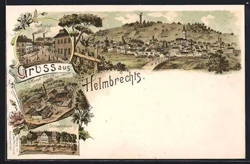 Lithographie Helmbrechts, Schützenhaus, Gastsätte J. G. Knopf Sohns Etablissement, Gesamtansicht mit Turm