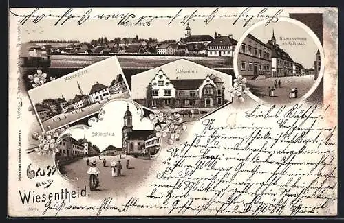 Lithographie Wiesentheid, Totalansicht, Schlossplatz, Schlösschen, Neumannstrasse mit Rathaus