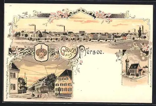 Lithographie Pfersee, Gesamtansicht, Strassenbahn und Kirche