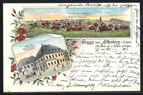 Lithographie Altenberg i. Erzgeb., Hotel zum Alten Amtshaus, Bes. Ernst Schöne, Panorama