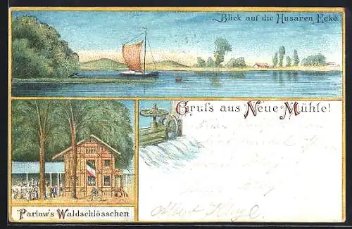 Lithographie Neue Mühle / Königs Wusterhausen, Gasthaus Parlow`s Waldschlösschen, Blick auf die Husaren-Ecke