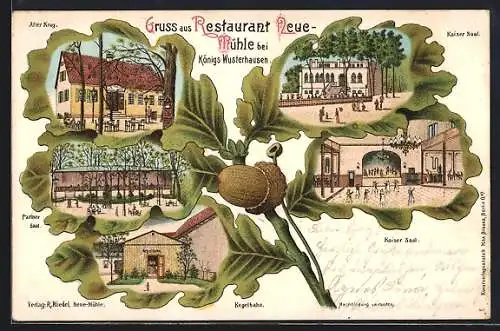 Passepartout-Lithographie Königs Wusterhausen, Restaurant Neue Mühle mit Innenansciht und Blick in den Garten