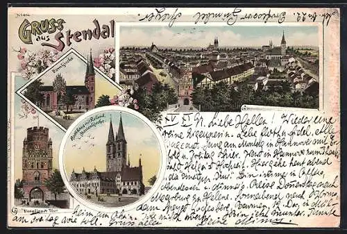 Lithographie Stendal, Rathaus mit Roland, Marienkirche, Domkirche, Venglinger Thor und Totalansicht