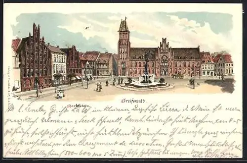 Lithographie Greifswald, Brunnen auf dem Marktplatz