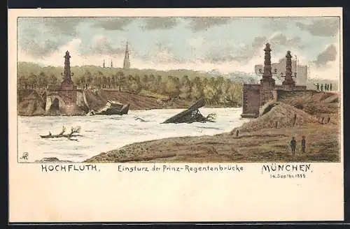 Lithographie München, Hochflut, Einsturz der Prinz-Regentenbrücke