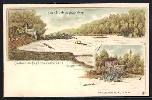 Lithographie München, Hochflut 1899, Einsturz der Bogenhauserbrücke, Brückenkopf rechts der Isar