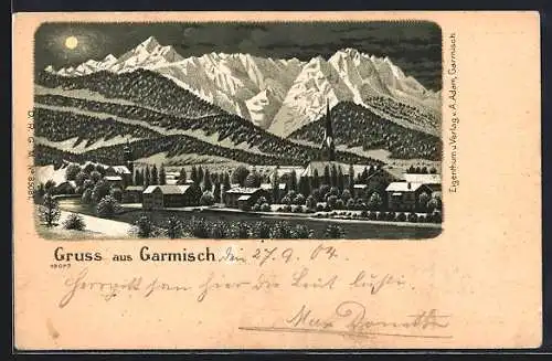 Winter-Lithographie Garmisch, Ortsansicht von der anderen Flusseite bei Nacht