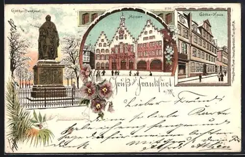 Lithographie Frankfurt a. M., Göthe-Haus, Römer und Göthe-Denkmal im Schnee